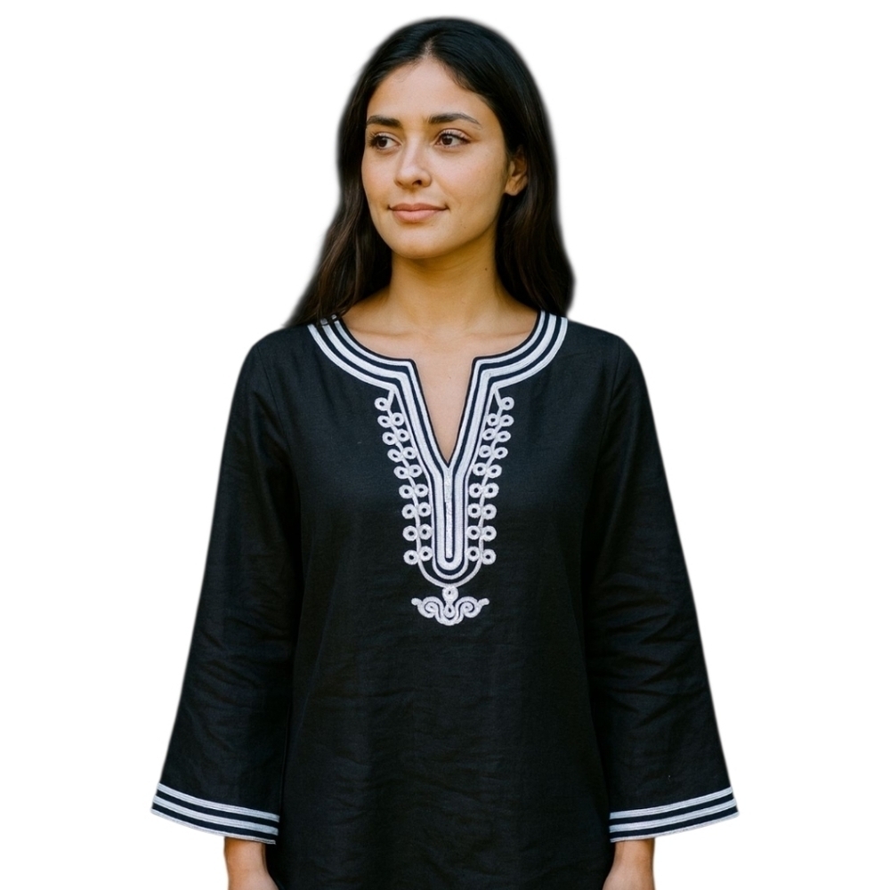 Title: Style & Co. Petite Black Linen Embroidered Tunic Top Size 14P.